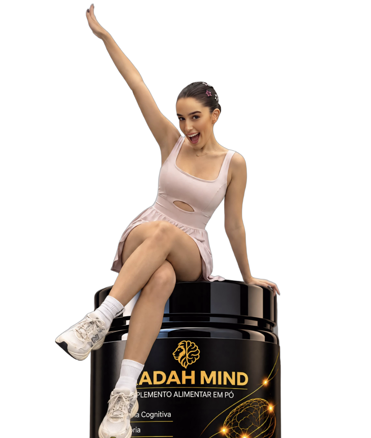 Afiliada RADAH recortada, sem fundo, segurando RADAH MIND sabor melancia